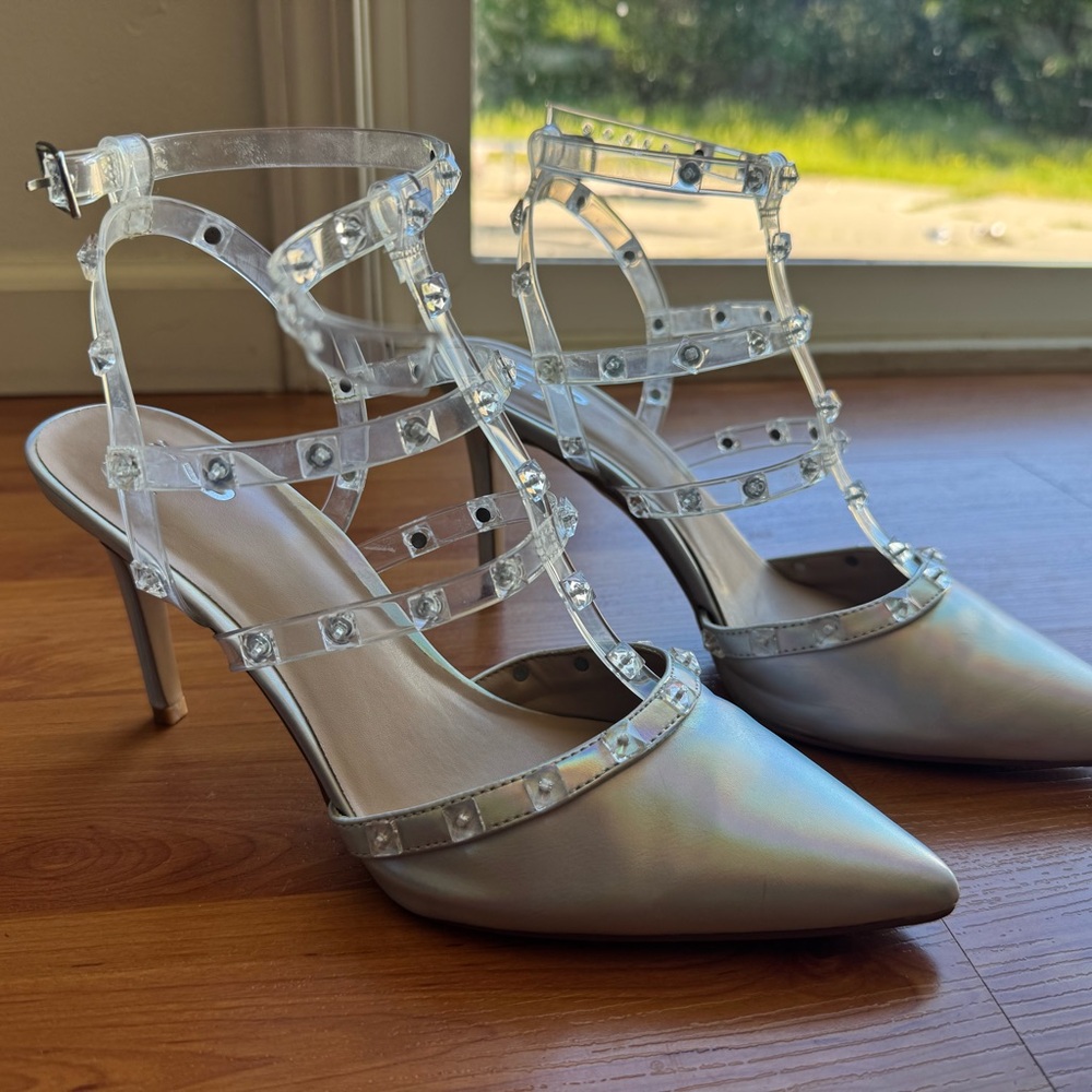 Mix No. 6 Liraven Clear Strappy Crystal-Stud Pointed Toe Heels - Silver